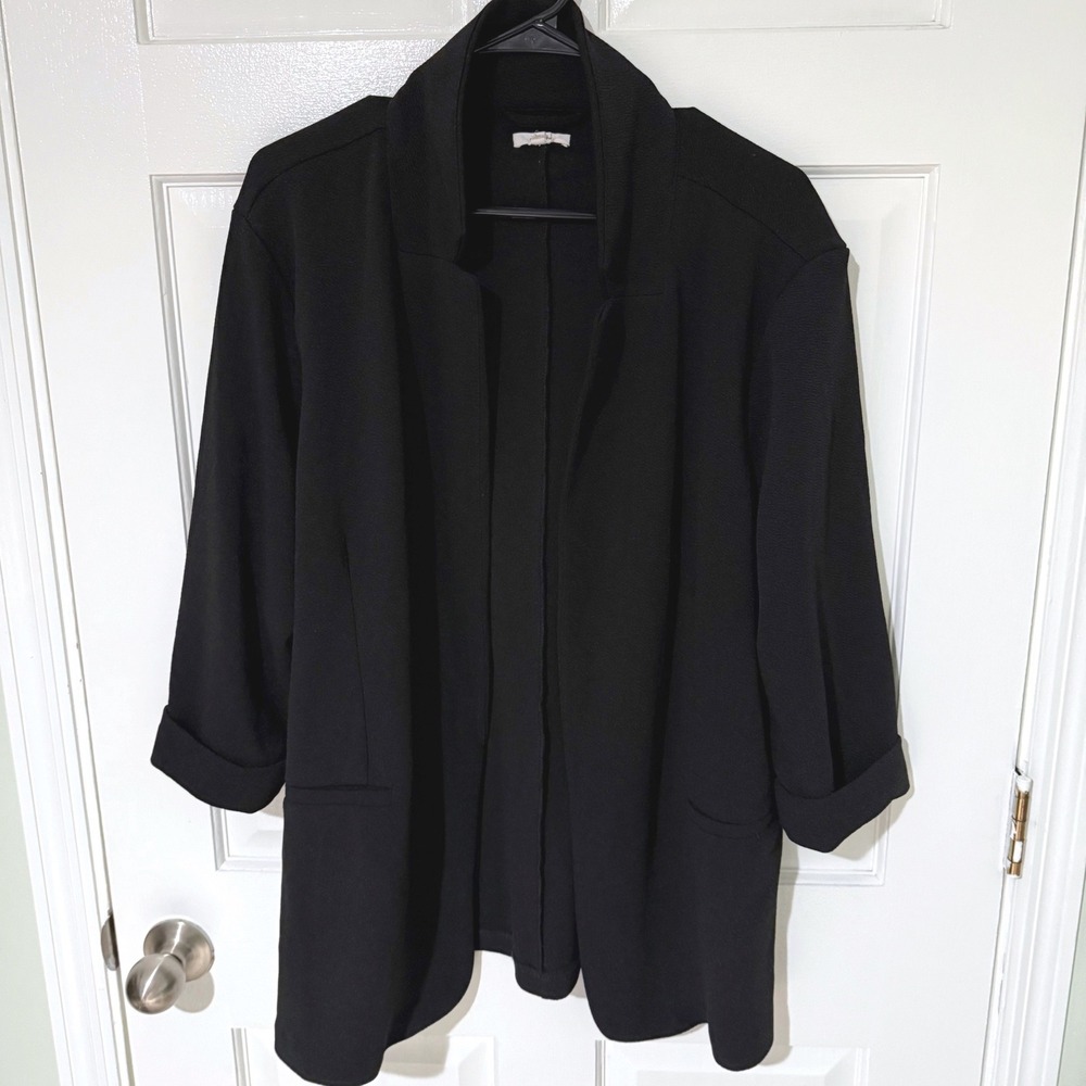 Maurices Womens 2X Black Open Front Blazer Cuffed Sleeve Textured Crepe Jacket